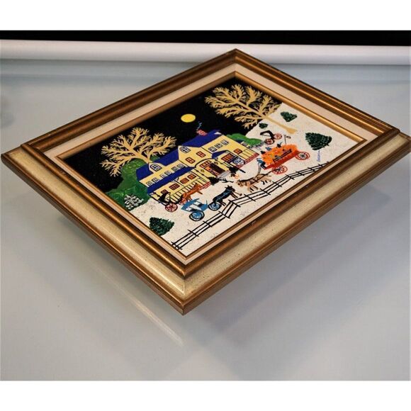 Folk Art Painting Naive Primitive Americana Vintage Art Naif Signed On Canvas - Picture 9 of 11